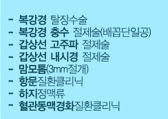 -복강경 탈장수술
                        -복강경 충수 절제술(배꼽단일공)
                        -갑상선 고주파 절제술
                        -갑상선 내시경 절제술
                        -맘모톰(3mm절개)
                        -항문 질환 클리닉
                        -하지 정맥류
                        -혈관 동맥경화 질환 클리닉