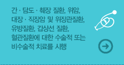 간·담도·췌장 질환, 위암, 대장·직장암 및 위장관질환, 유방질환, 갑상선 질환, 혈관질환에 대한 수술적 또는 비수술적 치료를 시행